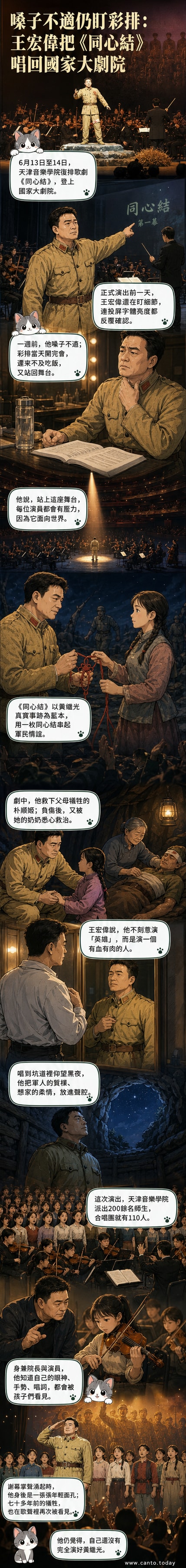 舞台上的《同心結》演出畫面，王宏偉身穿志願軍軍服，神情堅毅，背景為戰爭場景投影。