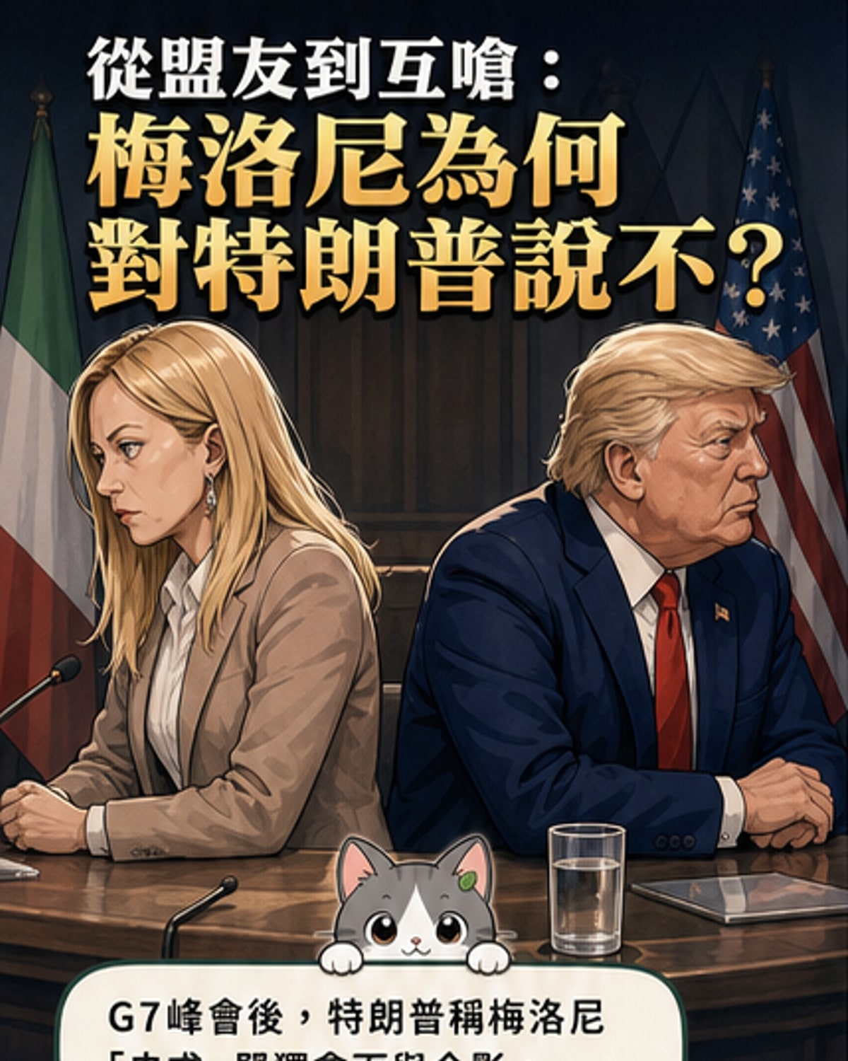 梅洛尼與特朗普在國際峰會上的對比畫面,兩人表情嚴肅,中間有明顯隔閡。