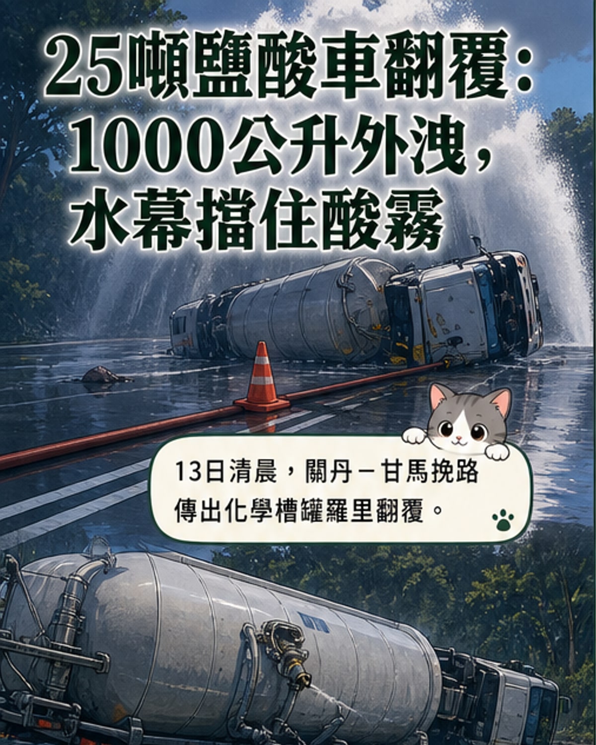 翻覆的化學槽罐車旁，消防人員正在處理洩漏的鹽酸，現場設有水幕防止氣體擴散。