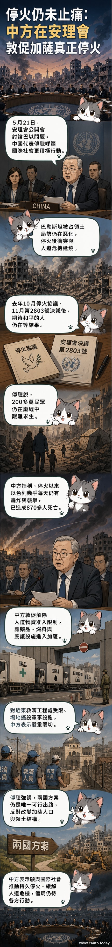 聯合國會議廳內,中國代表發言呼籲國際社會正視加沙人道危機與停火協議落實問題。