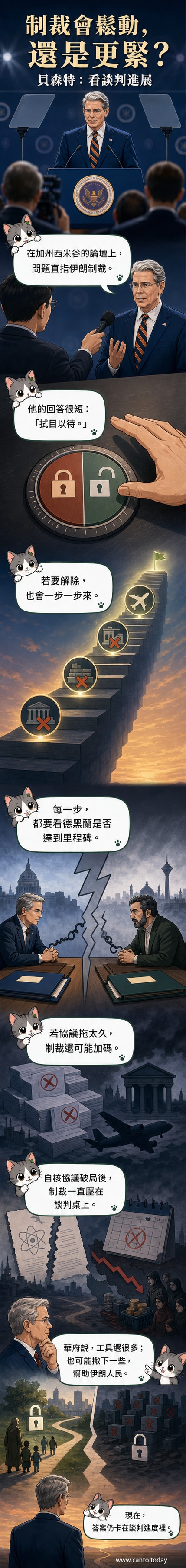 一名西方官員站在地圖前談判,背景顯示美國與伊朗國旗,象徵制裁與外交的角力。