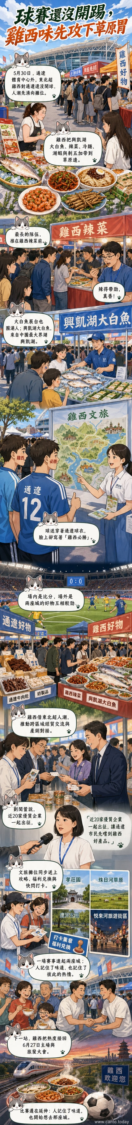 通遼體育場外，雞西特產攤位前排起長隊，市民手持辣菜試吃碟，背景可見「雞西必勝」標語和興凱湖大白魚展示牌