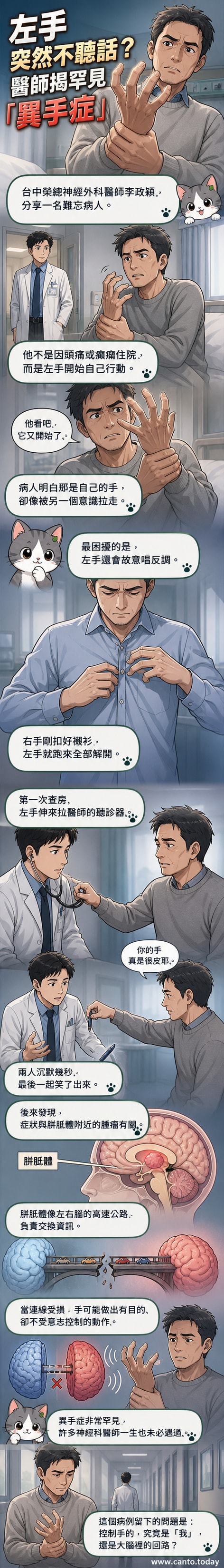 一名男子用右手抓住失控的左手,示意異手症患者與自己肢體對抗的真實情境。