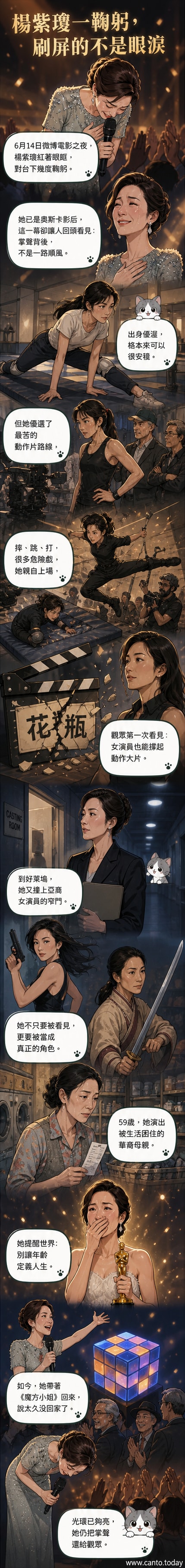 楊紫瓊在聚光燈下含淚鞠躬,台下張藝謀、沈騰等電影人鼓掌致意,現場氛圍溫暖而莊重。