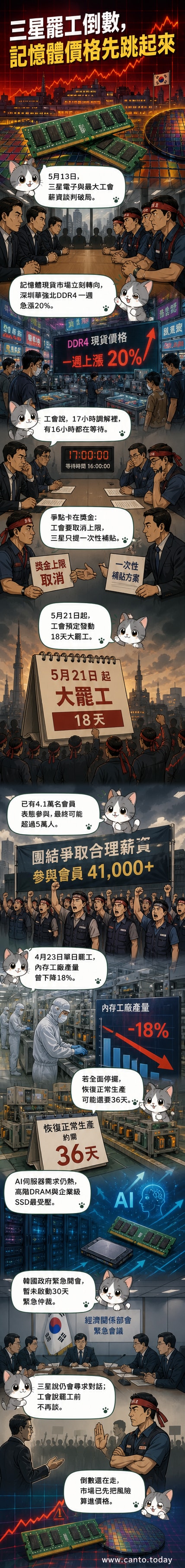 一張象徵半導體工廠與罷工抗議的插畫，背景為閃爍的晶圓廠與高舉標語的工人，中間是急漲的記憶體價格曲線圖。