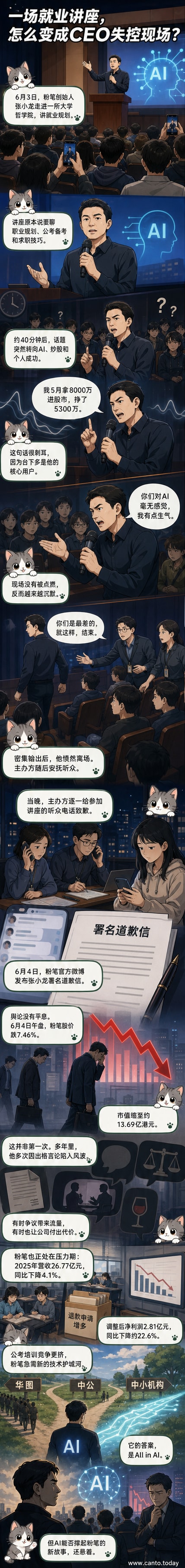 一位男性演讲者站在讲台前，背景是大学讲座的投影画面，台下学生低头沉默，气氛凝重