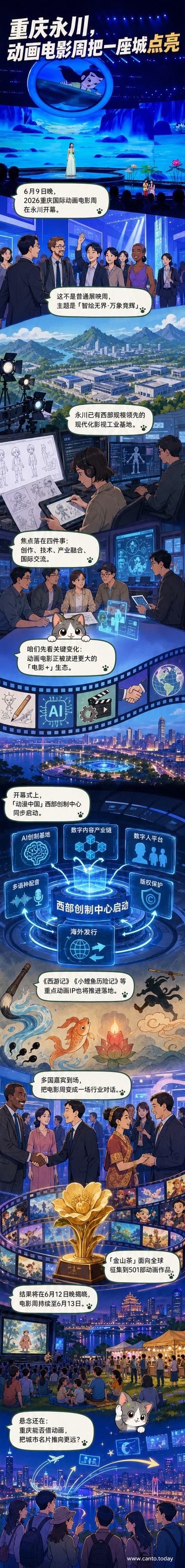 2026重庆国际动画电影周开幕盛典现场，舞台融合科技与动画元素，呈现虚实交织的视觉效果