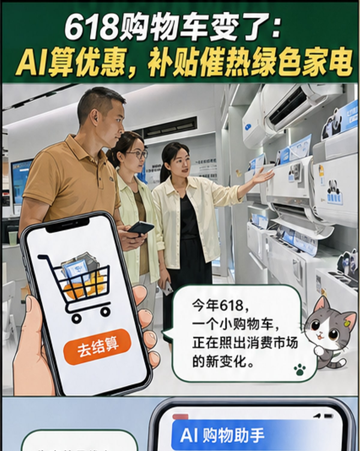 电商平台AI试穿界面与线下智能家电卖场场景并列展示,背景为物流分拣流水线