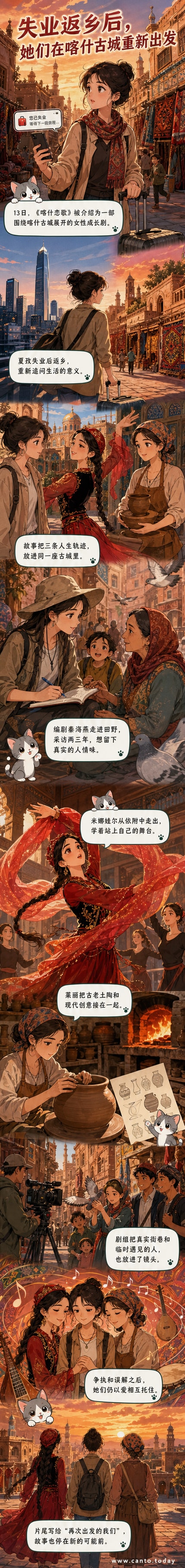 《喀什恋歌》剧照:三位女性并肩站在色彩斑斓的喀什古城街道上,背景是阳光照耀的土墙与蓝窗,充满温暖与希望的氛围。