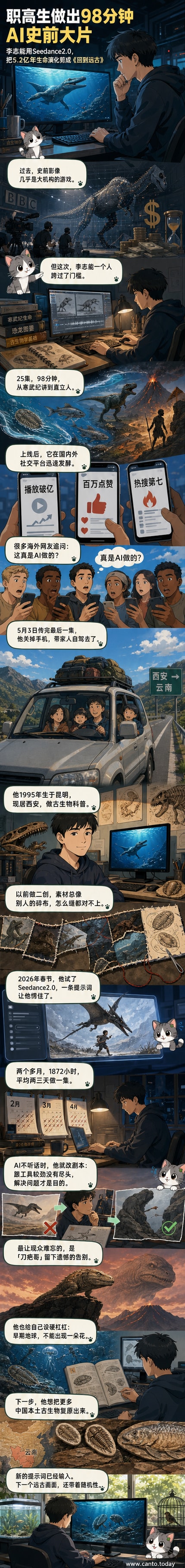 一名创作者坐在电脑前,屏幕上显示远古海洋中三叶虫游动的画面,象征AI技术与古生物科普的结合。