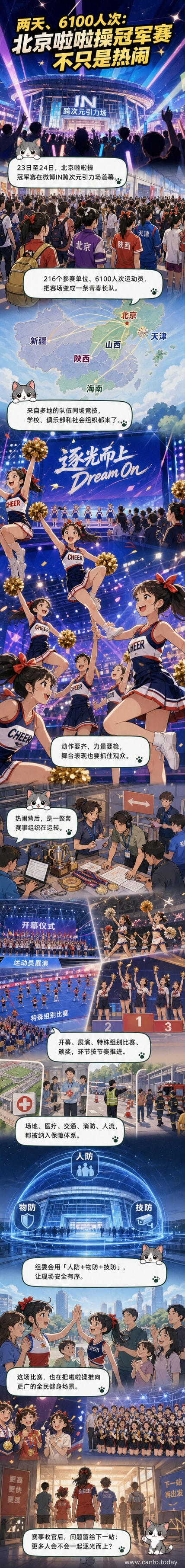 一群青少年啦啦队员在舞台上整齐划一地完成动作，背景灯光绚丽，现场观众鼓掌。