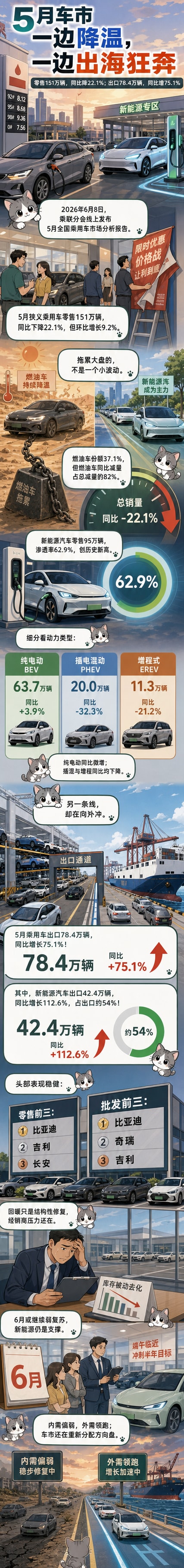 一幅中国城市街头的插画，左侧是空荡的传统燃油车4S店，右侧是排起长队的新能源汽车交付点，远处有印着‘出口’字样的集装箱卡车驶向港口。