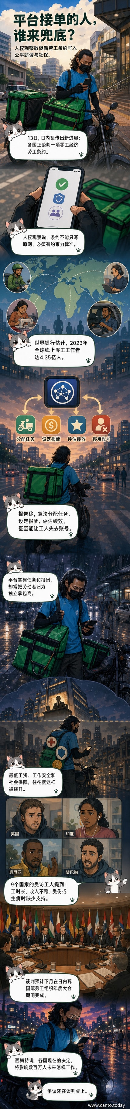 一幅数字城市背景中,一名零工劳动者站在巨大算法齿轮前,上方显示任务与报酬,下方是断裂的安全网,象征平台控制与保障缺失的矛盾。