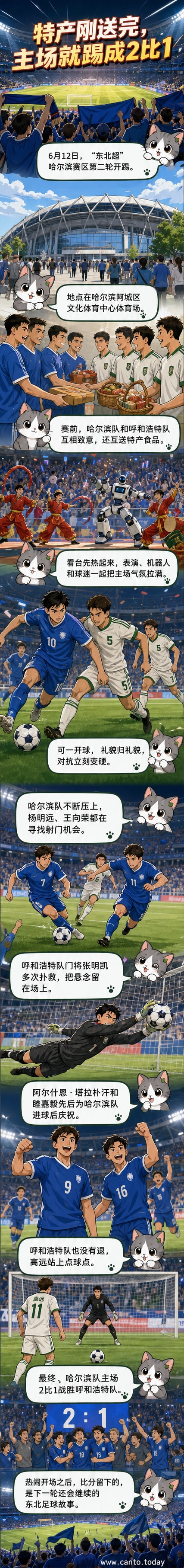 哈尔滨队球员庆祝进球，球迷挥舞旗帜，赛前双方互赠特产，现场气氛热烈