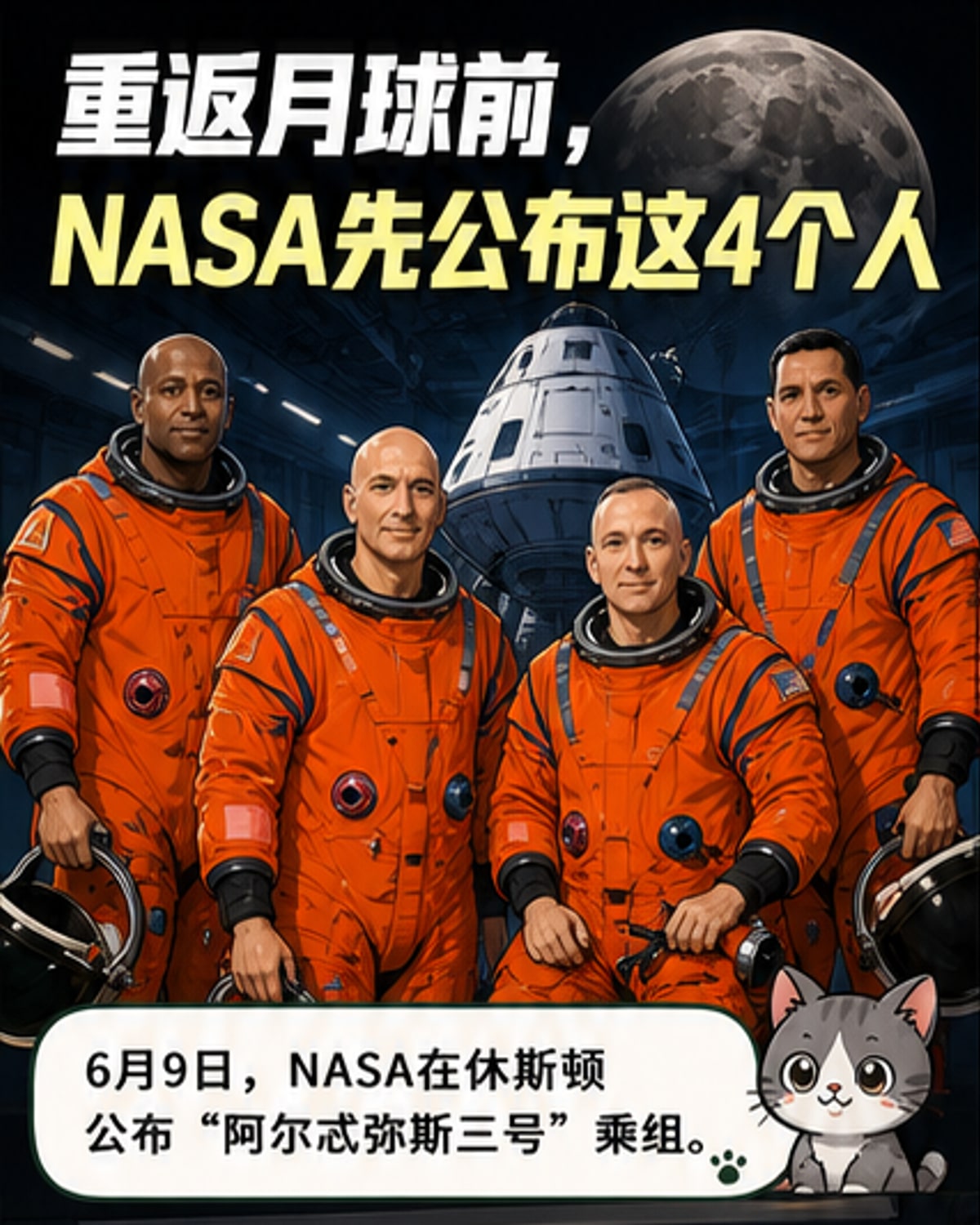 NASA公布的阿尔忒弥斯三号任务四名宇航员在新闻发布会上亮相,背景是月球和猎户座飞船的图像。