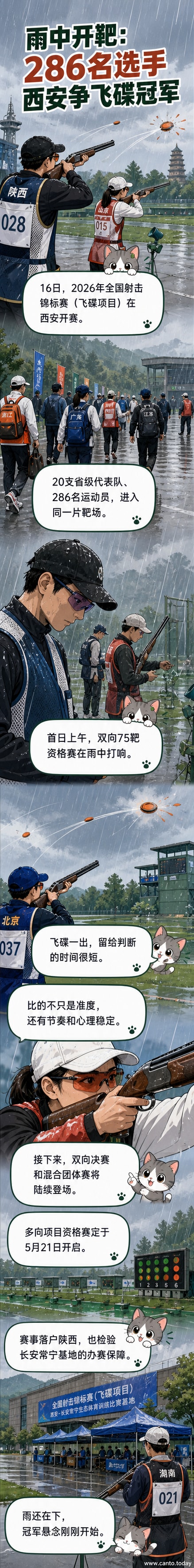西安长安常宁生态体育训练比赛基地,射击运动员在雨中进行飞碟项目比赛,背景为绿色山坡与蓝色靶机设备。