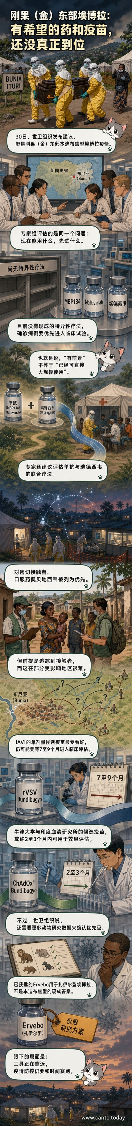 穿防护服的红十字会工作人员在刚果(金)布尼亚搬运因埃博拉去世的医生棺木,背景为当地社区环境