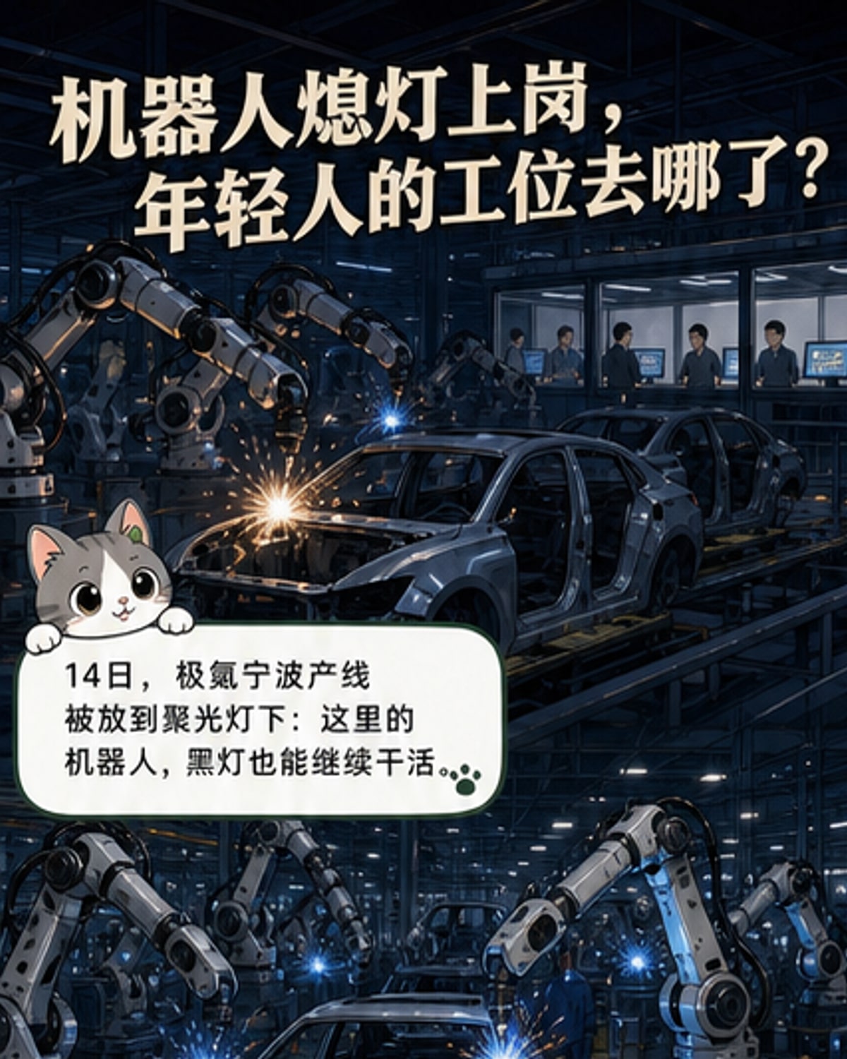 宁波极氪工厂内，机械臂在昏暗车间中自动焊接车身，远处有少数工人监控操作。