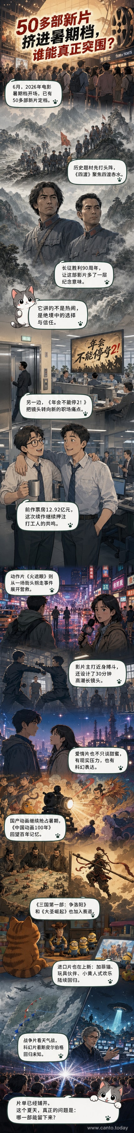 2026年暑期档电影海报墙，展示《四渡》《年会不能停2！》《玩具总动员5》《火遮眼》等多部新片视觉元素，背景为光影交织的电影院氛围。
