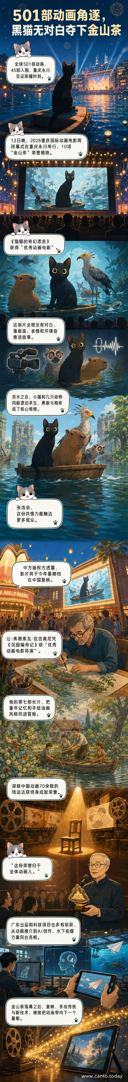 2026重庆国际动画电影周闭幕式现场,舞台灯光璀璨,大屏幕展示《猫猫的奇幻漂流》中小猫与动物们乘船漂流的画面
