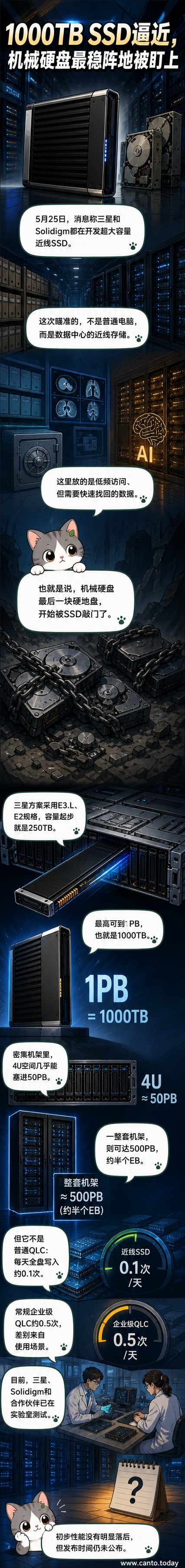 一幅未来感数据中心插画,机械硬盘阵列旁插入一块标注'1000TB SSD'的固态硬盘,数据流从传统硬盘缓慢移动,而SSD通道数据飞速传输,象征存储速度与容量的代际跨越。