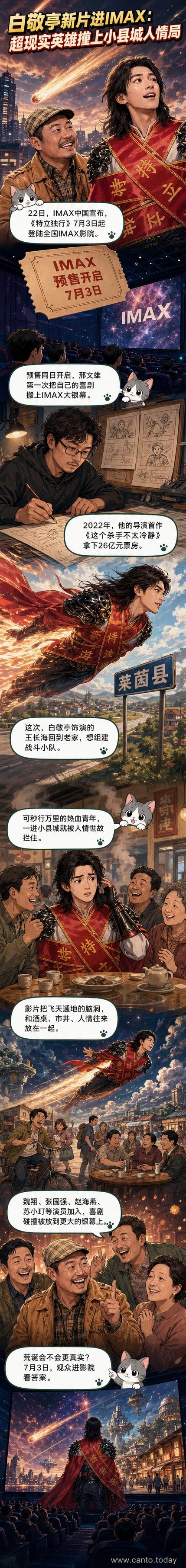 电影《特立独行》宣传海报，白敬亭与魏翔身穿夸张战斗服站在小县城街景前，背景有科幻元素和烟火气酒桌对比
