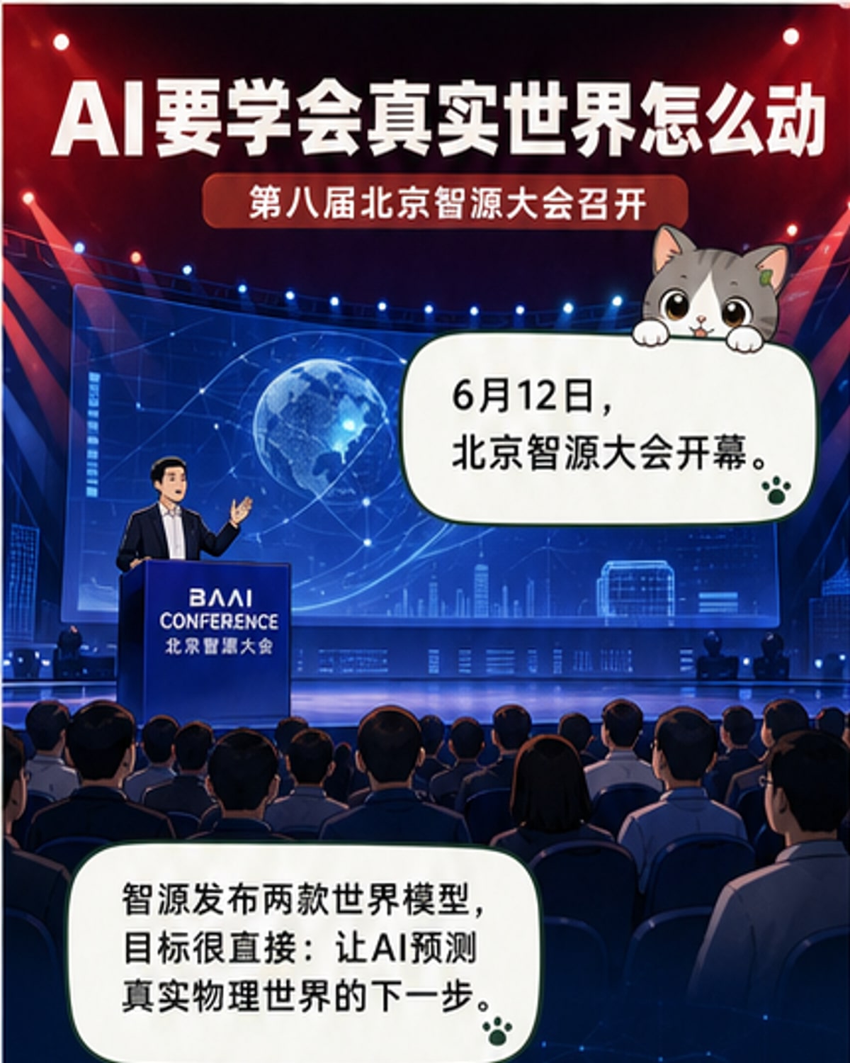 北京智源大会现场,大屏幕上展示悟界世界模型的技术架构与应用场景