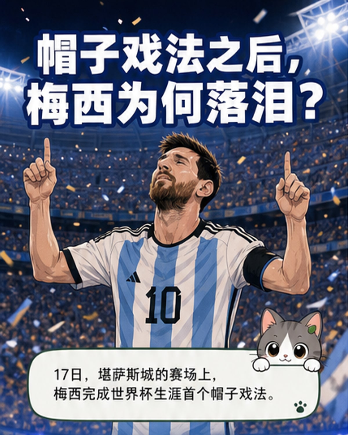 梅西在球场上低头落泪,背景是欢呼的观众和明亮的赛场灯光,画面传递出荣耀背后的沉重心事。