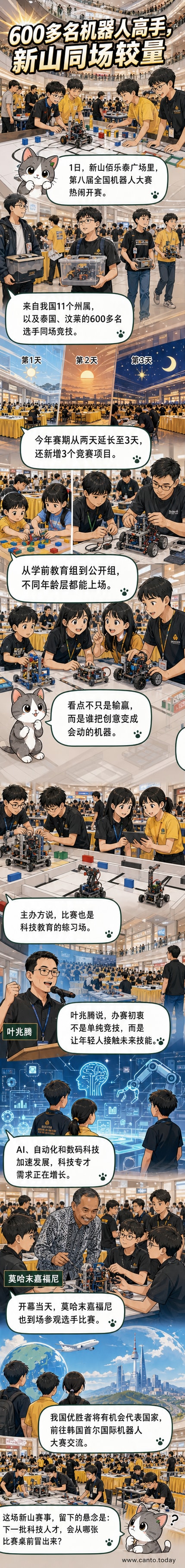 新山佰乐泰广场内，众多青少年参赛者在展台前调试机器人，背景是全国机器人大赛的彩色横幅和观众人潮。