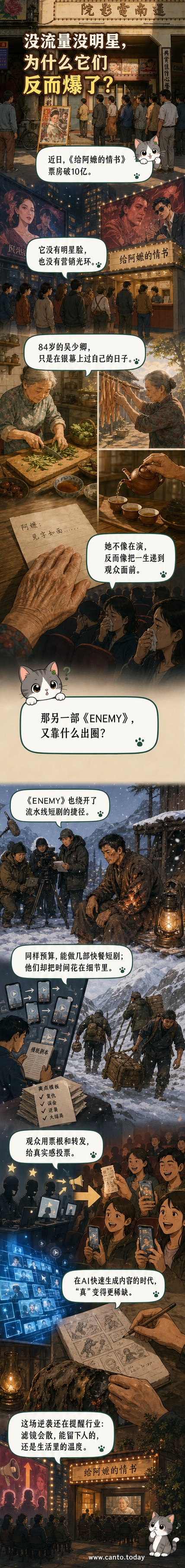 一部老式电视机播放着黑白画面,屏幕上是一位老人在厨房切菜,旁边手写字幕写着‘没有明星,却打动了所有人’。