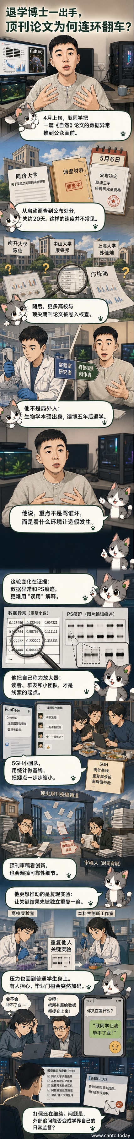 一名戴眼镜的年轻男子站在实验室白板前,手持放大镜指向屏幕上的数据图表,背景是多所大学的校徽与《自然》期刊封面,象征民间打假对学术权威的挑战。