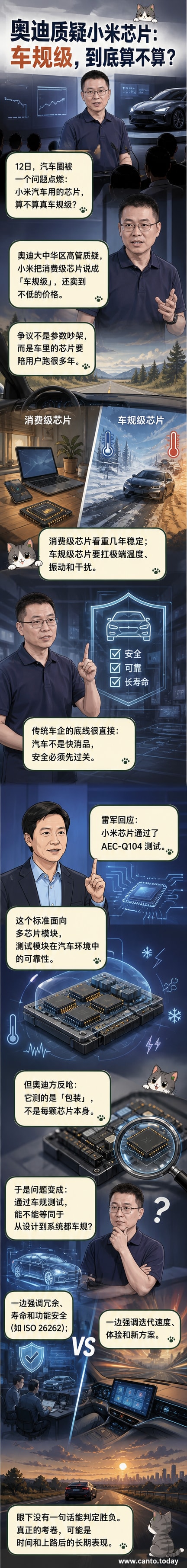 一辆小米汽车与奥迪汽车并列，中间是一枚裂开的芯片，象征技术标准之争