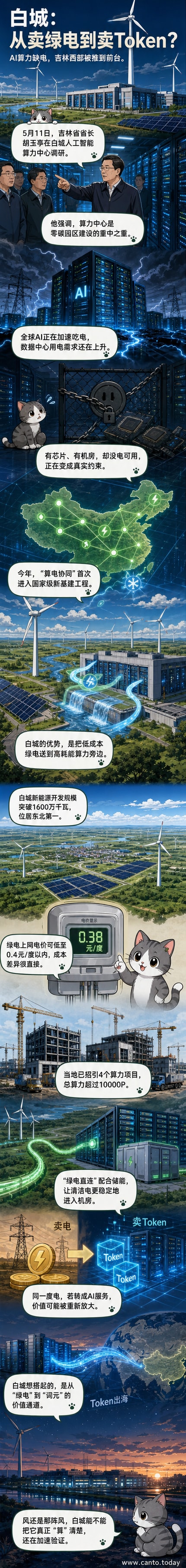 风力发电机与数据中心服务器并列画面，象征绿电与AI算力的结合