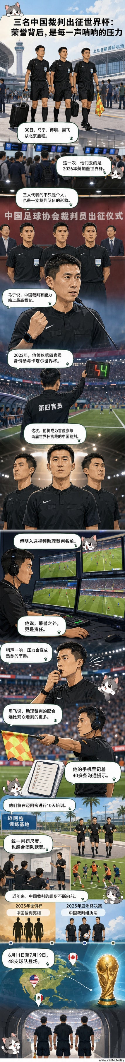 中国裁判马宁在国际比赛中执裁,身穿黑色裁判服,手持对讲设备,专注执法场内动作。