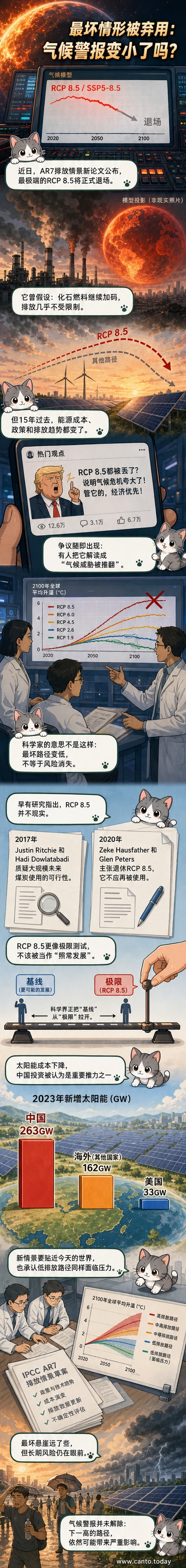 一幅地球被绿色能源网络包裹的插画,太阳能板和风力发电机环绕赤道,象征清洁能源改变气候模型预测
