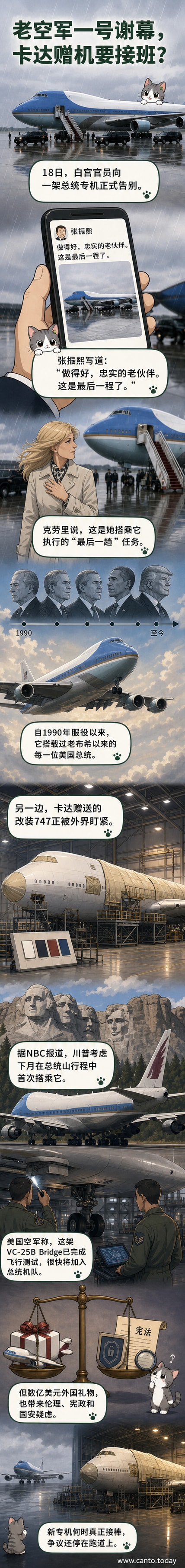 一架经典的蓝白涂装波音747飞机停靠在安德鲁联合基地，机身写着'UNITED STATES OF AMERICA'，象征空军一号时代的落幕。