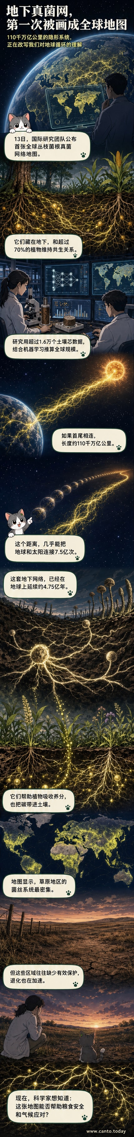 一幅视觉化的全球地图,显示地下交织的菌丝网络覆盖各大洲,线条密集处代表真菌网络发达区域,配以地球与太阳之间距离对比的插图说明。