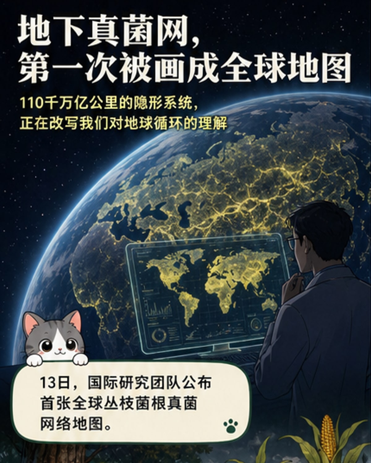 一幅视觉化的全球地图,显示地下交织的菌丝网络覆盖各大洲,线条密集处代表真菌网络发达区域,配以地球与太阳之间距离对比的插图说明。