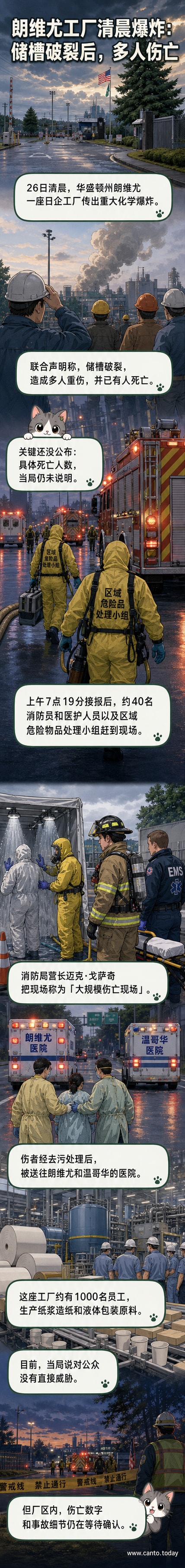 華盛頓州一處工廠爆炸現場,濃煙從建築物冒出,消防車與應急車輛停靠在周圍,救援人員正在處理化學污染區域。