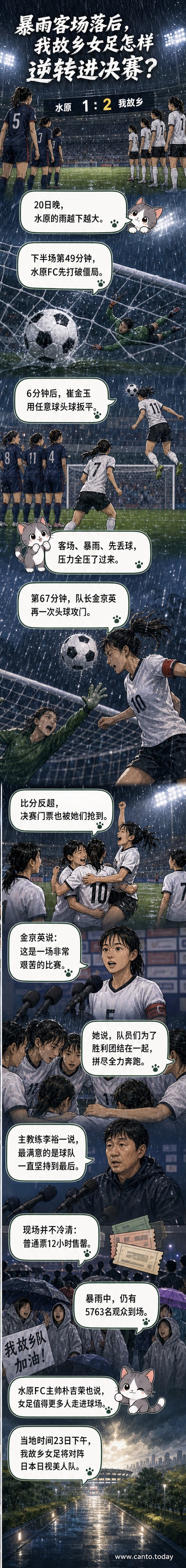 朝鲜我故乡女足队员在暴雨中庆祝进球,背景是满座的水原球场看台