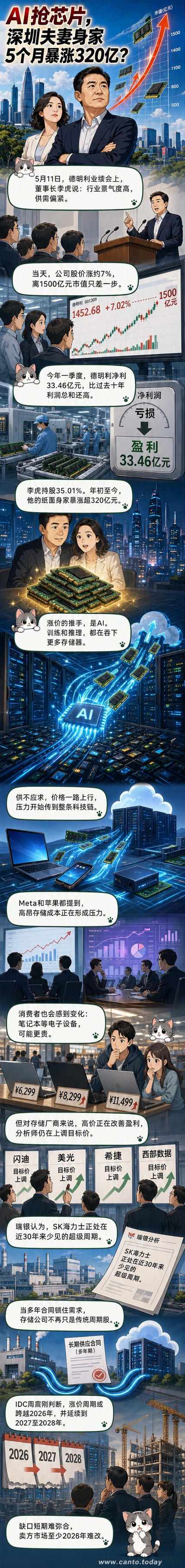 一对深圳夫妇站在芯片工厂前，背景是飙升的股价曲线和AI服务器阵列