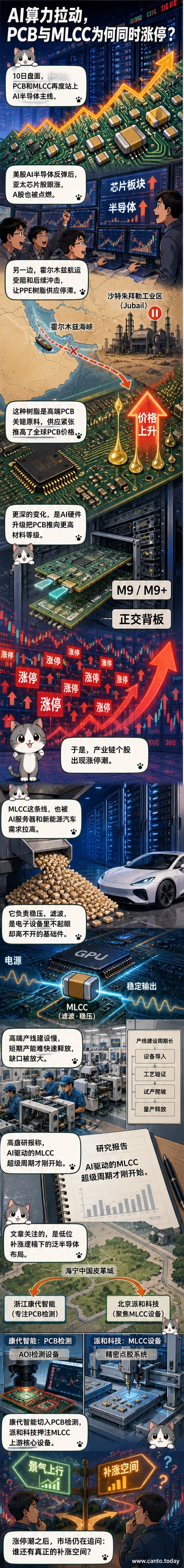 AI服务器内部结构示意图，突出显示PCB电路板与密集排列的MLCC电容器，背景为全球供应链地图与股价上涨曲线