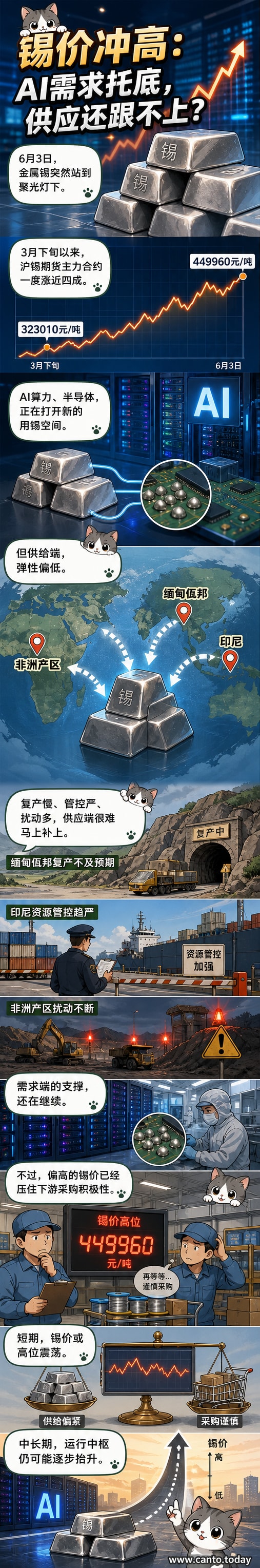 一张信息图展示锡价上涨趋势,左侧为矿山开采场景,右侧为AI芯片和电子设备,中间价格曲线从32万升至45万元/吨。