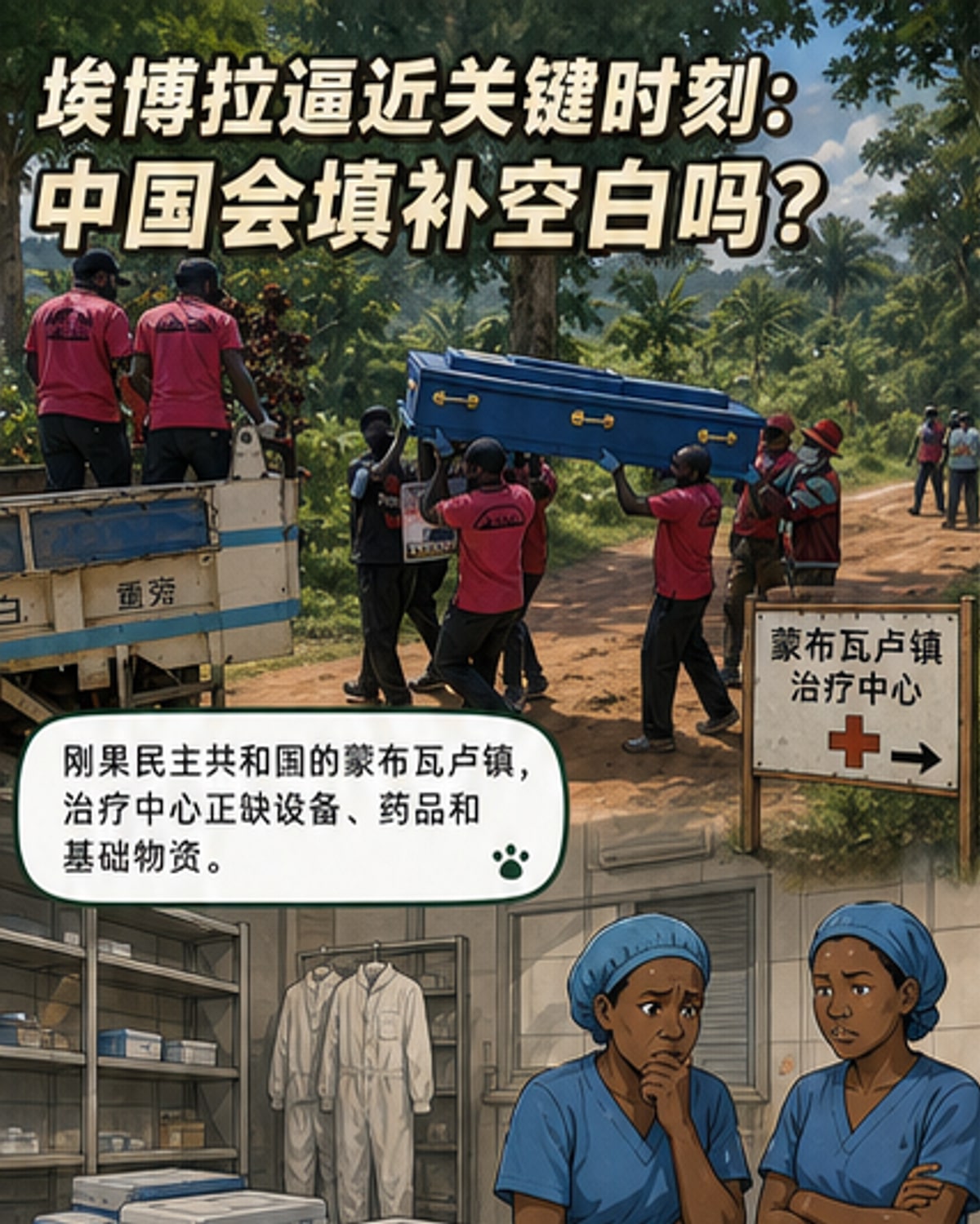 刚果民主共和国医护人员在埃博拉治疗中心工作,背景是临时搭建的隔离帐篷和防护设备。