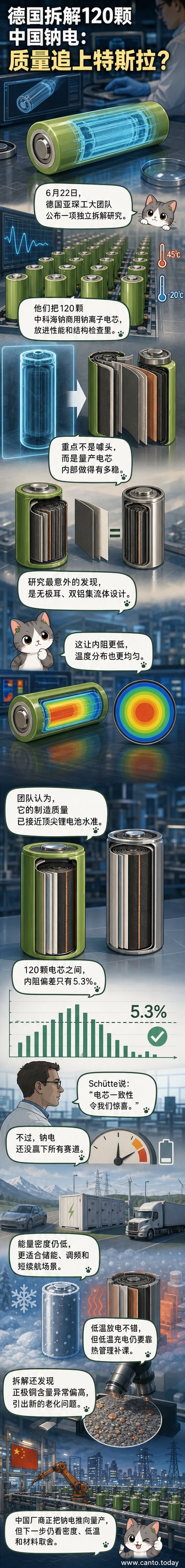 一幅展示中国钠离子电池与特斯拉锂电池并列对比的科技插画，突出内部结构相似性与制造工艺细节
