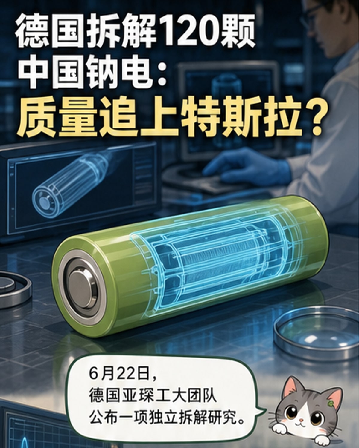 一幅展示中国钠离子电池与特斯拉锂电池并列对比的科技插画，突出内部结构相似性与制造工艺细节