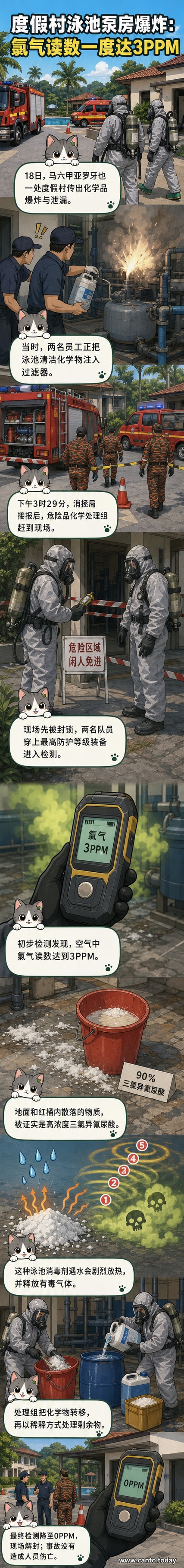 消防人员穿戴防护服在度假村泳池旁的化学泵房外进行检测,地面有化学品残留