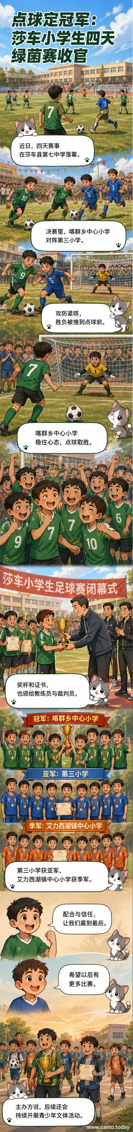 一群小学生在绿茵场上激烈角逐足球比赛,背景有观众和学校横幅,展现青春活力。