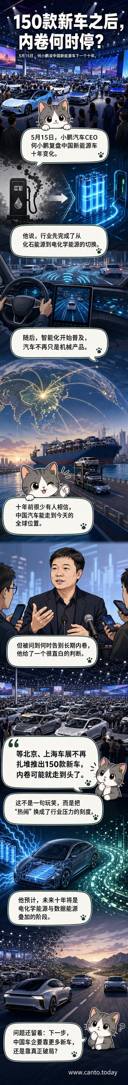 漫画风格画面:何小鹏站在车展舞台中央,身后是密密麻麻的新车型剪影,远处一块电子屏显示‘150款新车发布中’,他指着远方写着‘数据能源时代’的曙光。