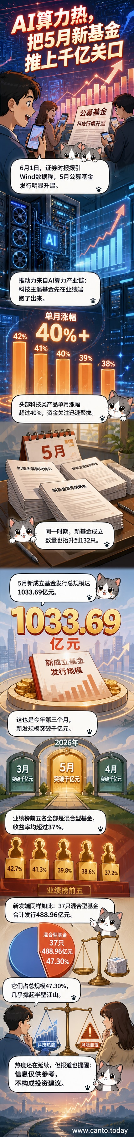 图表显示2026年5月新基金发行规模突破1000亿元,混合型基金占比接近一半,科技主题基金业绩领先